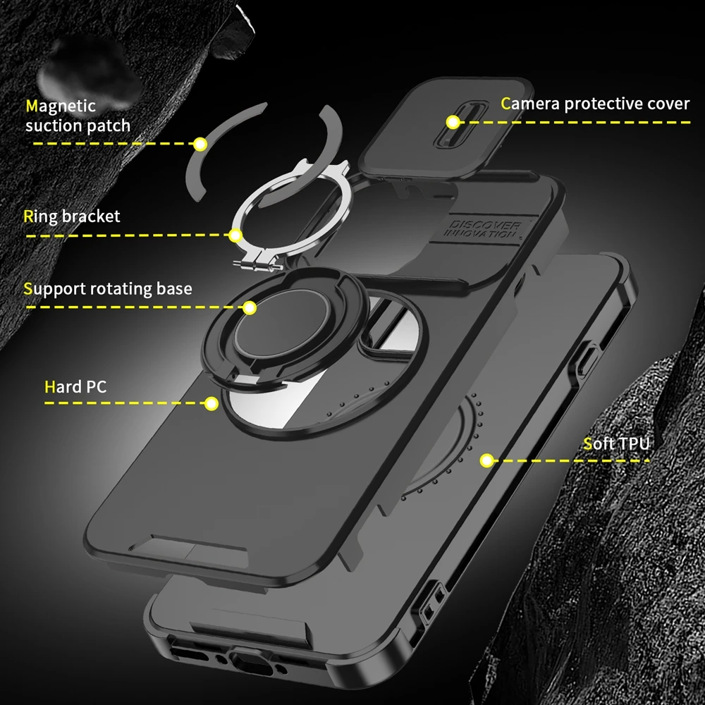 Durable Armor Case with Slide Lens Protection and Ring Holder - Shockproof Cover