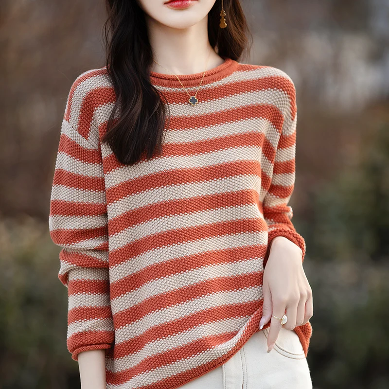 

Women 100% Cotton Sweater Curled Round Neck Colored Stripes Pullover Spring Autumn Casual Knit Warm Bottoming Tops