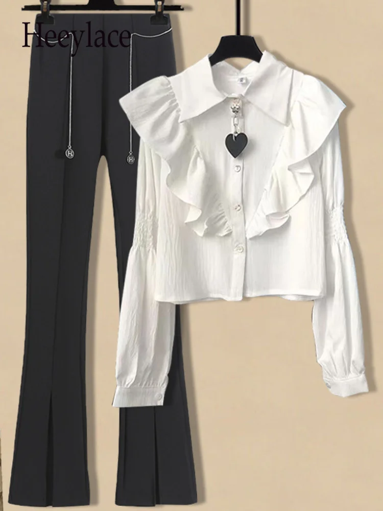 

Spring Summer Pant Sets Women French Vintage Ruffles Patchwork Long Sleeve Top And Split Flare Pants 2 Piece Sets Womens Outfit
