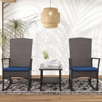 Outdoor Rocking Chair 3 Piece Porch Chairs PE Wicker Patio Bistro Set Brown Rattan Furniture Sets with Coffee Table, Navy 1