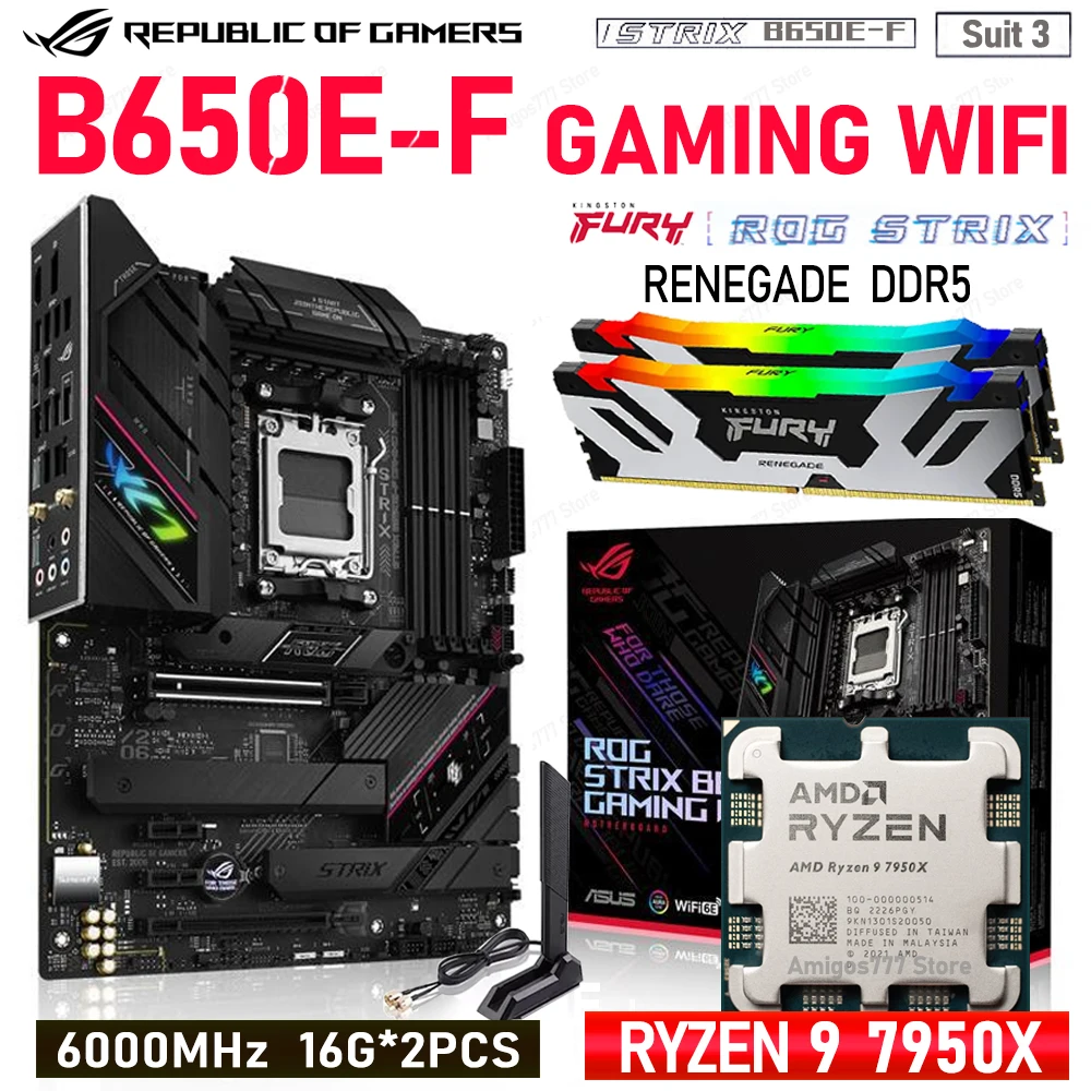 

AM5 CPU R9 7950X Combo B650 Mainboard ASUS ROG STRIX B650E-F GAMING WIFI DDR5 Renegade RGB Memory 6000MHz 16GB*2pcs RAM Suit New
