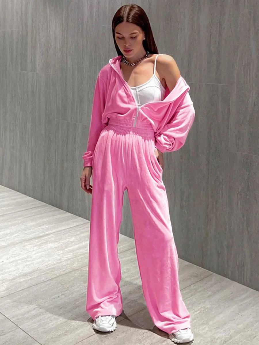 

Clothland Retro Pink Black Velour Suit Zipper Long Sleeve Short Style Jacket Coat Long Trousers Tracksuit Two Piece Set TA225