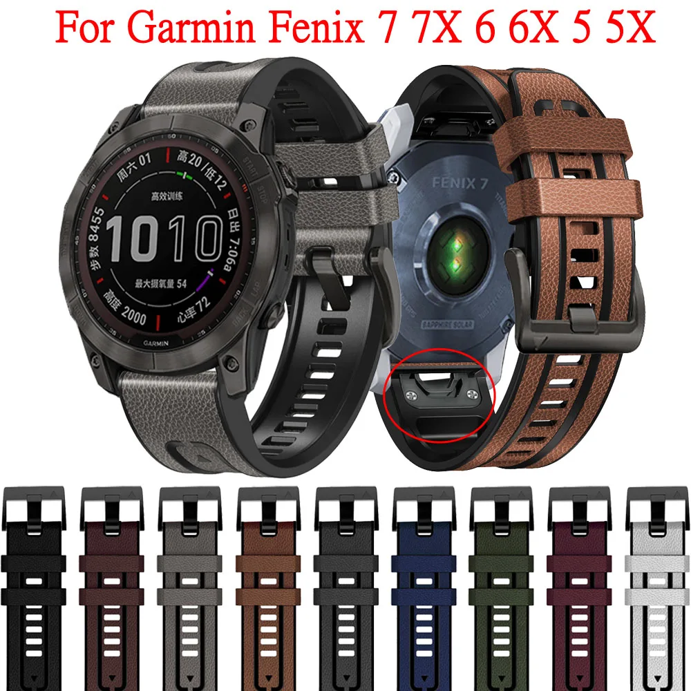 22mm 26mm Silicone Leather Stra Quickfit For Garmin Fenix 7 7x 6 6x 5