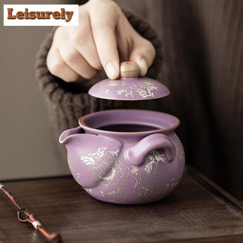 165ml Purple Ru Porcelain Gilded Silver Peony Teapot Elegant Tea Infuser Pot Tea Maker Kettle With Filter Cha Drinkware Ornament