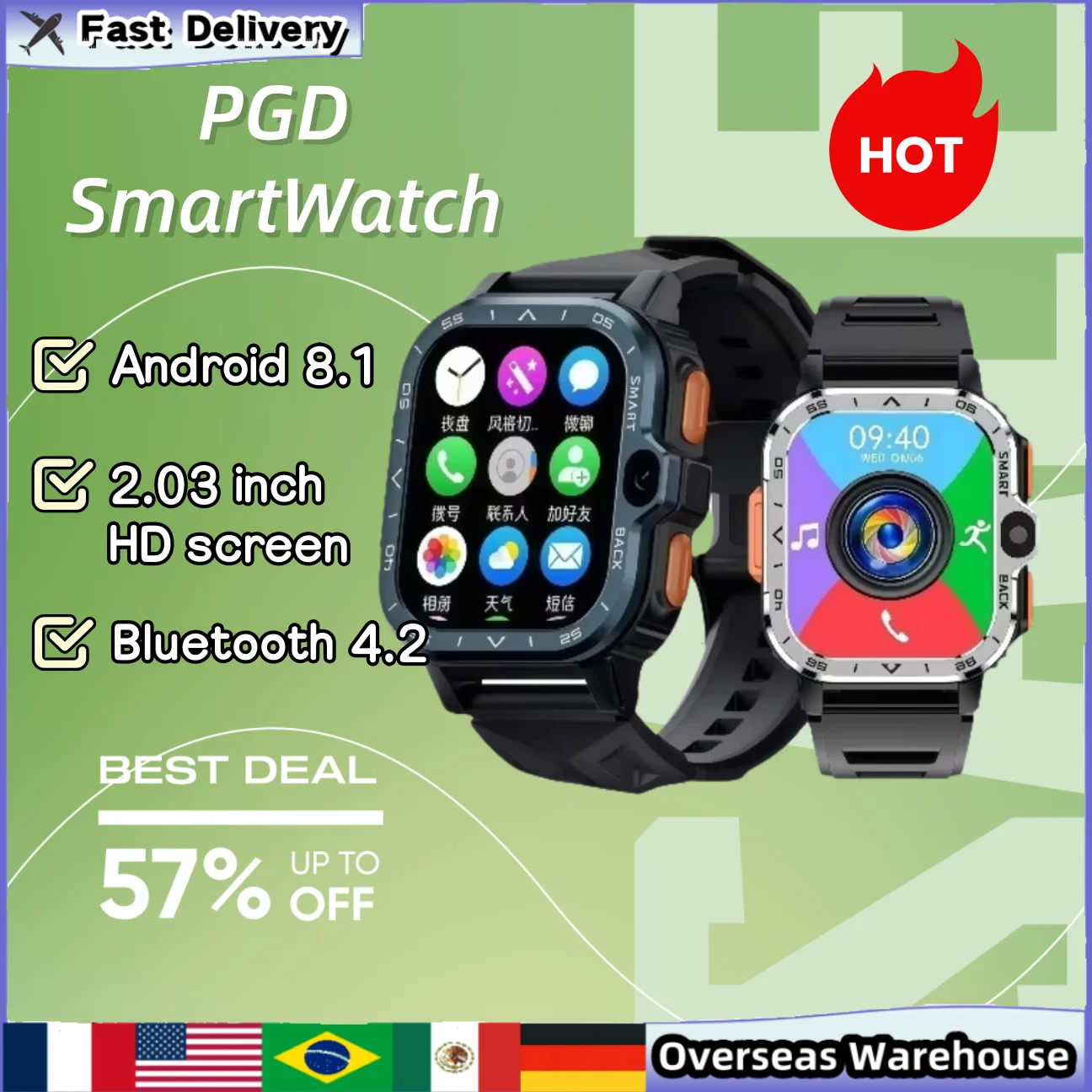 PGD Smart Watches Android GPS 16G/64G ROM Storage HD Dual Camera NFC 2G 4G SIM Card WIFI Wireless Fast Internet Access Men Gifts