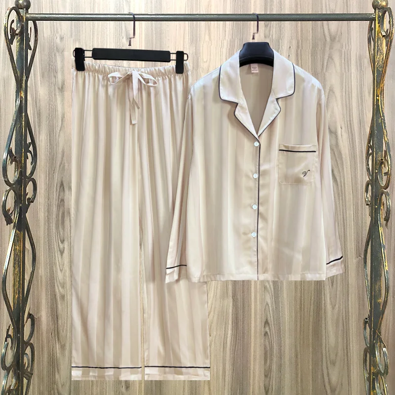 Summer Pajama Sets for Women Short Pink Striped Ice Silk Pajamas for Women Home Suit Clothing Sleepwear Sets Wholesale