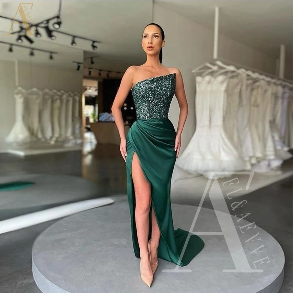 

Emerald Green Sequin Prom Dress for Women Strapless Side Split Formal Occasion Dresses for Women Party Wedding Evening Ball Gown