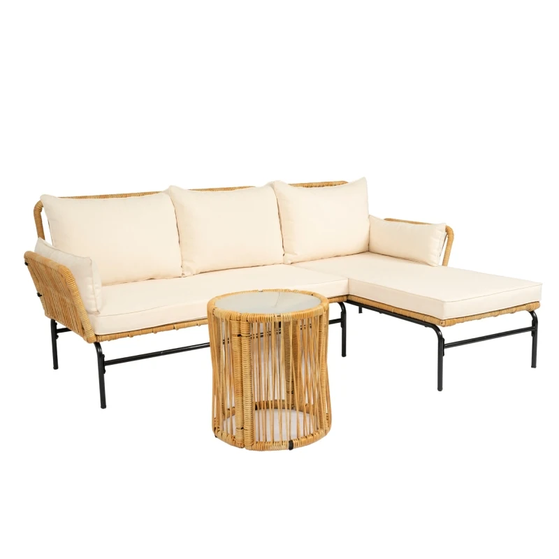 3 Pieces Outdoor Furniture Sets Table and Chairs with 3.15-inches Thick Cushion Outdoor Sofa Set Natural Yellow Wicker 3