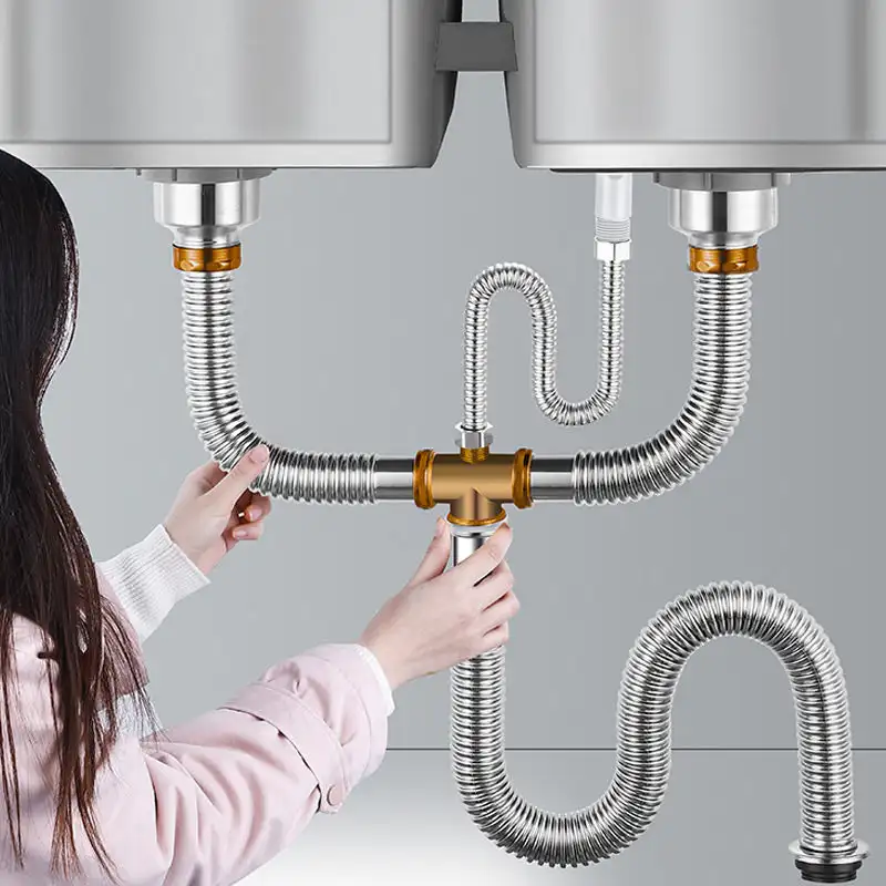 Kitchen Double Sink Sewer Drain Pipe Flexible Fittings Stainless Steel for Dual Bowl Sink Drain Expandable for Bathroom Restroom