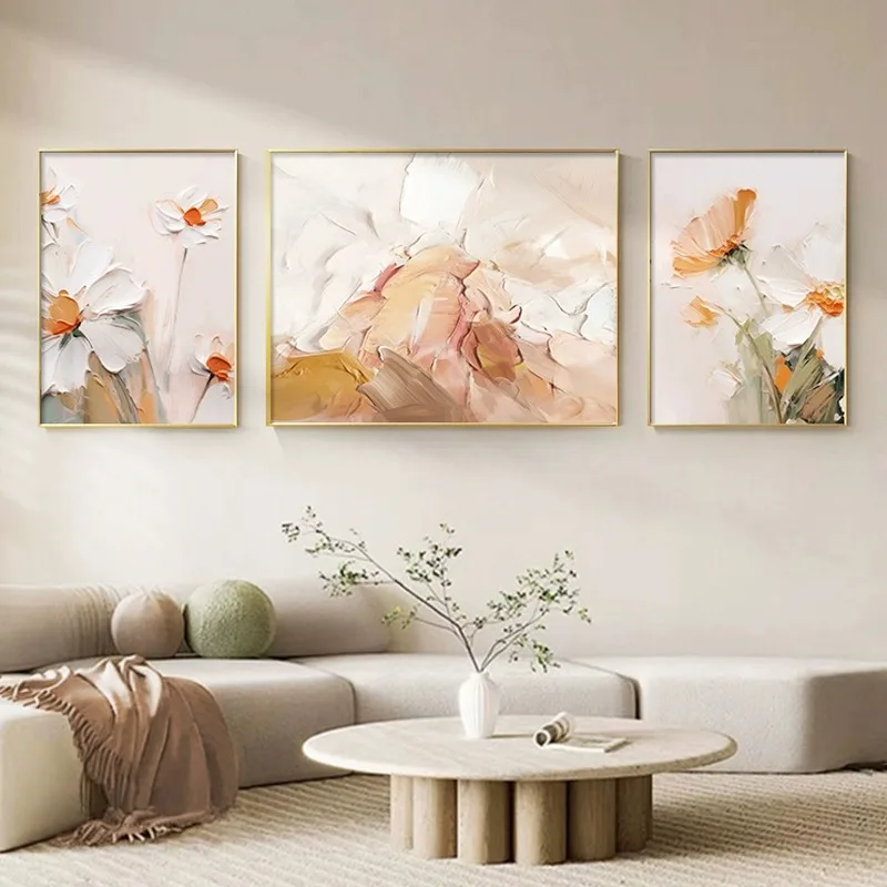 Tela astratta, pura pittura a olio dipinta a mano, trittico floreale, arte murale di fascia alta nel soggiorno - immagine 4