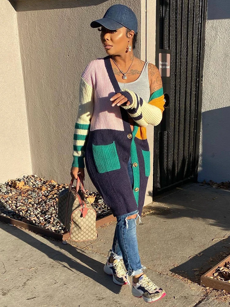 

Color Block Patchwork Women Knit Cardigan Autumn Winter Single Breasted Long Sleeve Open Stitch Casual Side Pockets Warm Outwear