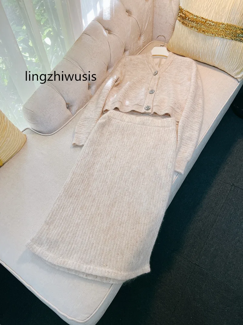 

Женский шерстяной костюм из двух предметов, элегантный костюм из шерстяного мохерового свитера и юбки во французском стиле, Новое поступление на осень