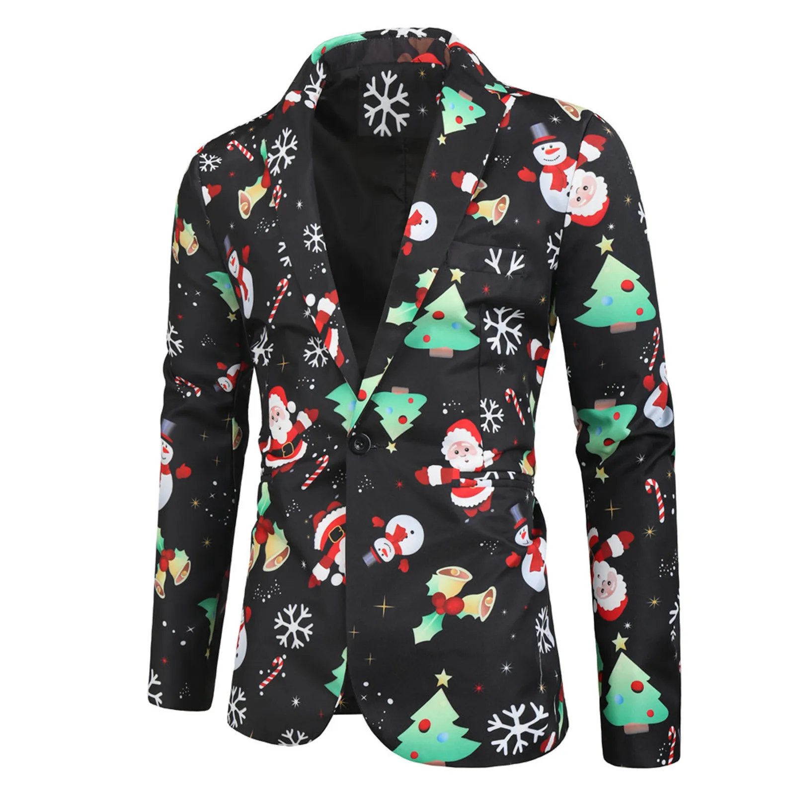 Men's Christmas Suit Santa Printed Lapel Warm Winter Fashion Button Coat Blazer Long Sleeve Casual Loose Jacket Male Cardigan
