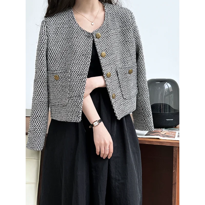 Women Casual Basic Chic Tweed Small Fragrance Coat Autumn New Long-sleeved Round Neck Simple Korea Short Lady Woven Jacket 1687