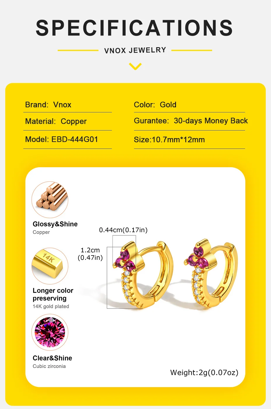 Vnox Luxus-Ohrringe mit farbigem Zirkon für Damen, vergoldete Kristall-Creolen mit drei Blättern, modische Piercing-Schmuckgeschenke – Detail 8