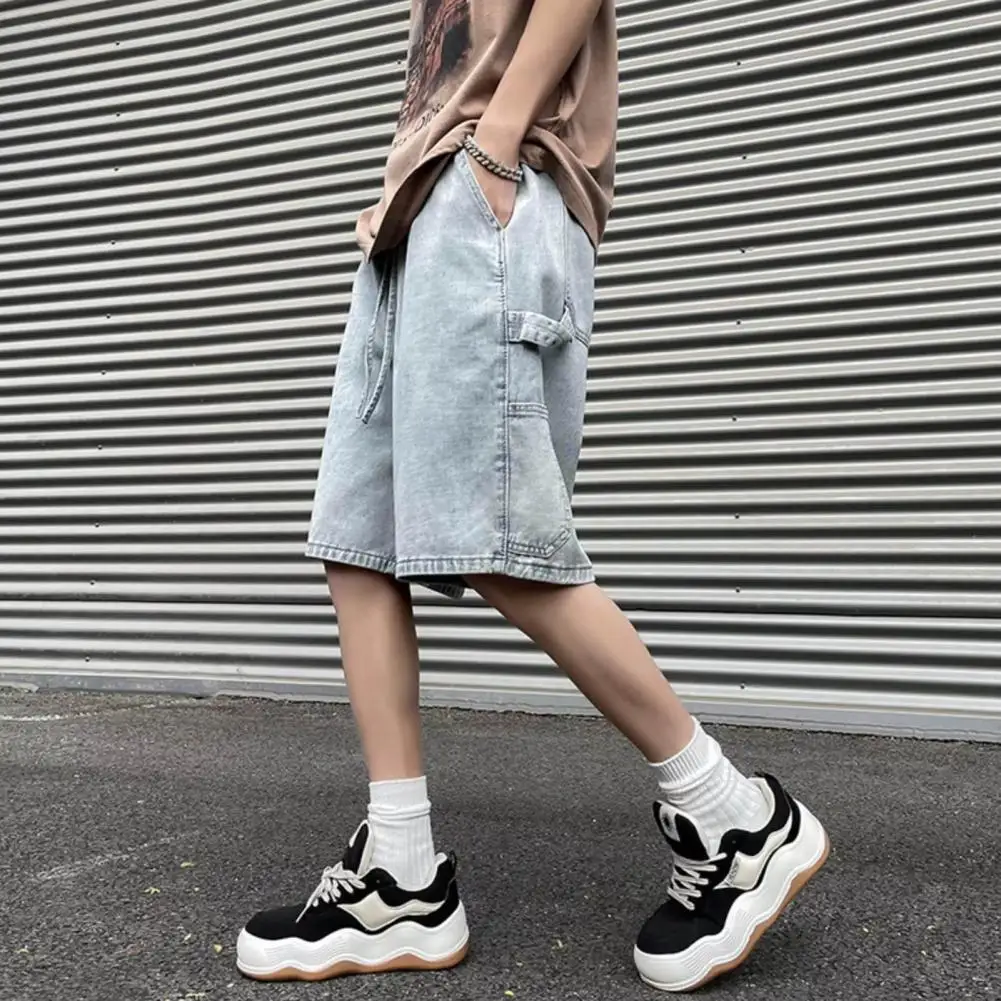 Casual Men Shorts Solid Color Men's Denim Shorts Elastic Waist Wide Leg Reinforced Pockets for Casual Streetwear Fitness Outdoor
