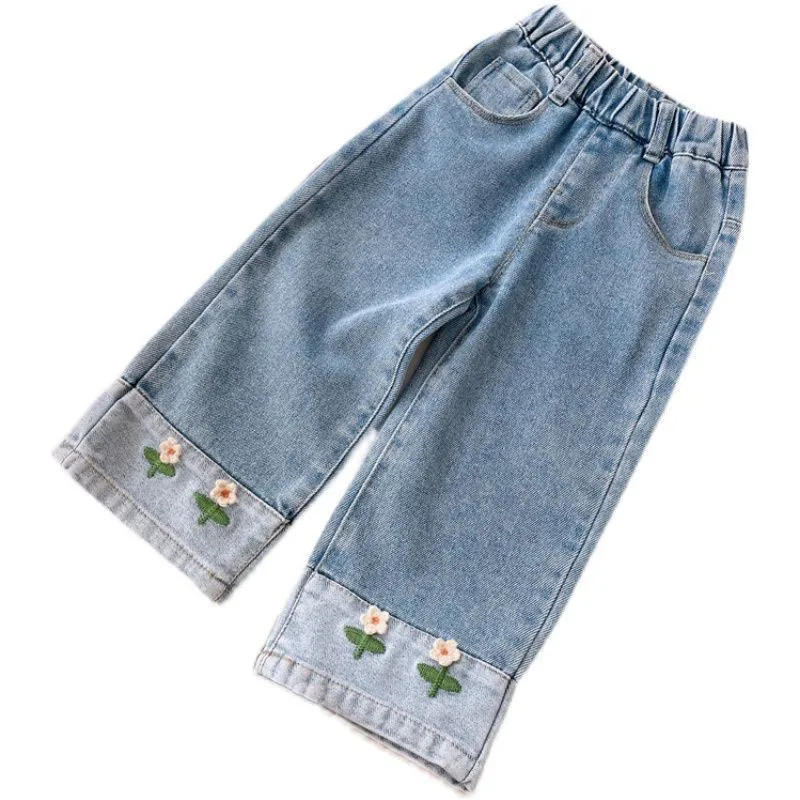 Girls Autumn Jeans Wide Leg Pants with Embroidered Flowers
