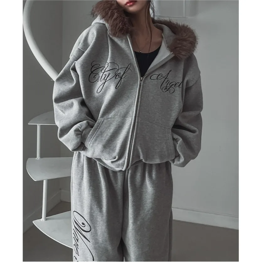 Warm Fce Hooded Jaet with Large Fur Collar And Zipper Casual Sports Loose Top Trendy Sweatirt Outerwear Polyester Cott...