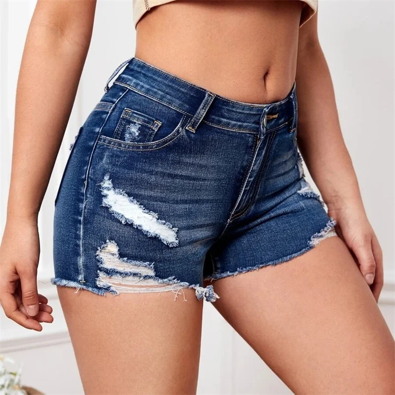 High Waist Slim Fit Button Splicing Denim Shorts Summer Fashion Daily Casual Hollow Out Three Quarter Pants Trend Women's Jeans