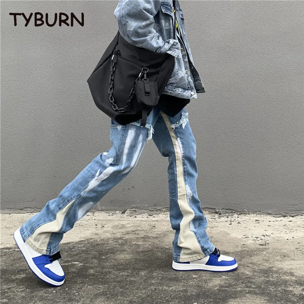 

TYBURN High Street Wash Speckled Ink Patch Jeans Men's Vibe Style Personalized Straight Tube Loose Micro Flare Pants
