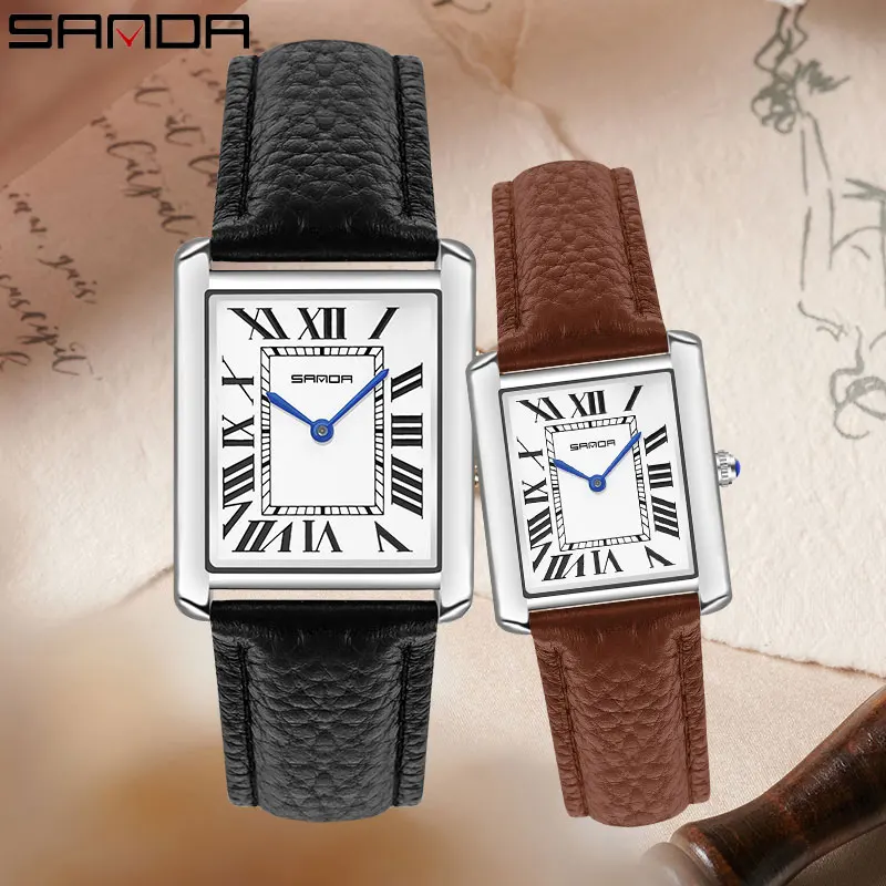 SANDA Quartz Watch Roman Numeral Stainless Steel Leather Watch Band Brief Lovers Waterproof Watch New Hot Men's Women's Watches