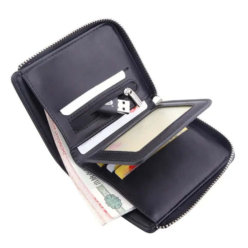 Men's Wallet Short Zipper Cash Clip, Retro Men's Leather Clip, Multiple Card Positions for Driver's License, Large Capacity