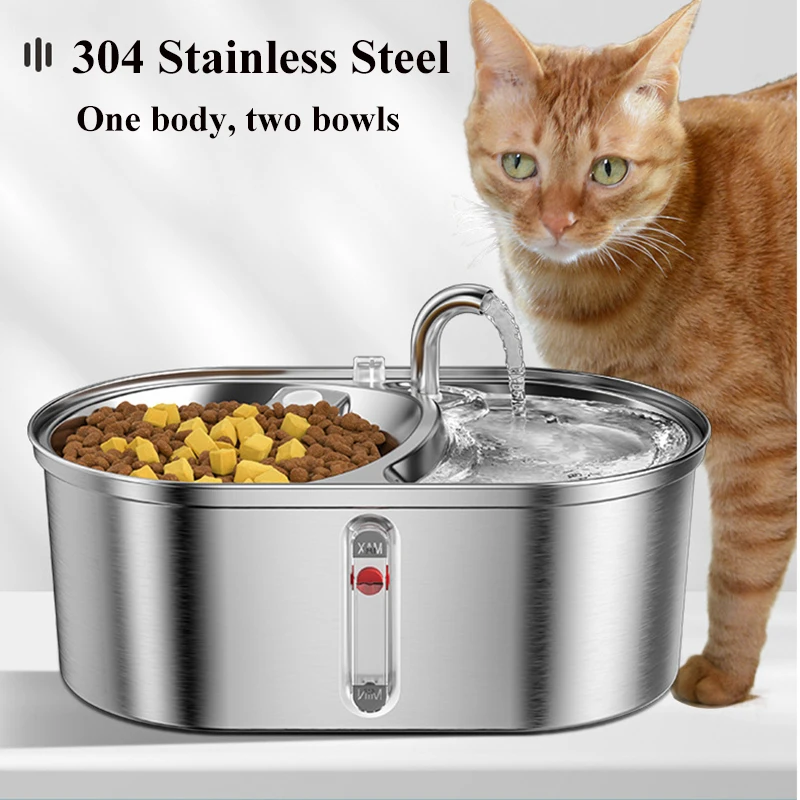 

Cat Water Fountain Stainless Steel, 3L Automatic Pet Water Fountain, Water Dispenser and Food Bowl with Visible Water Level