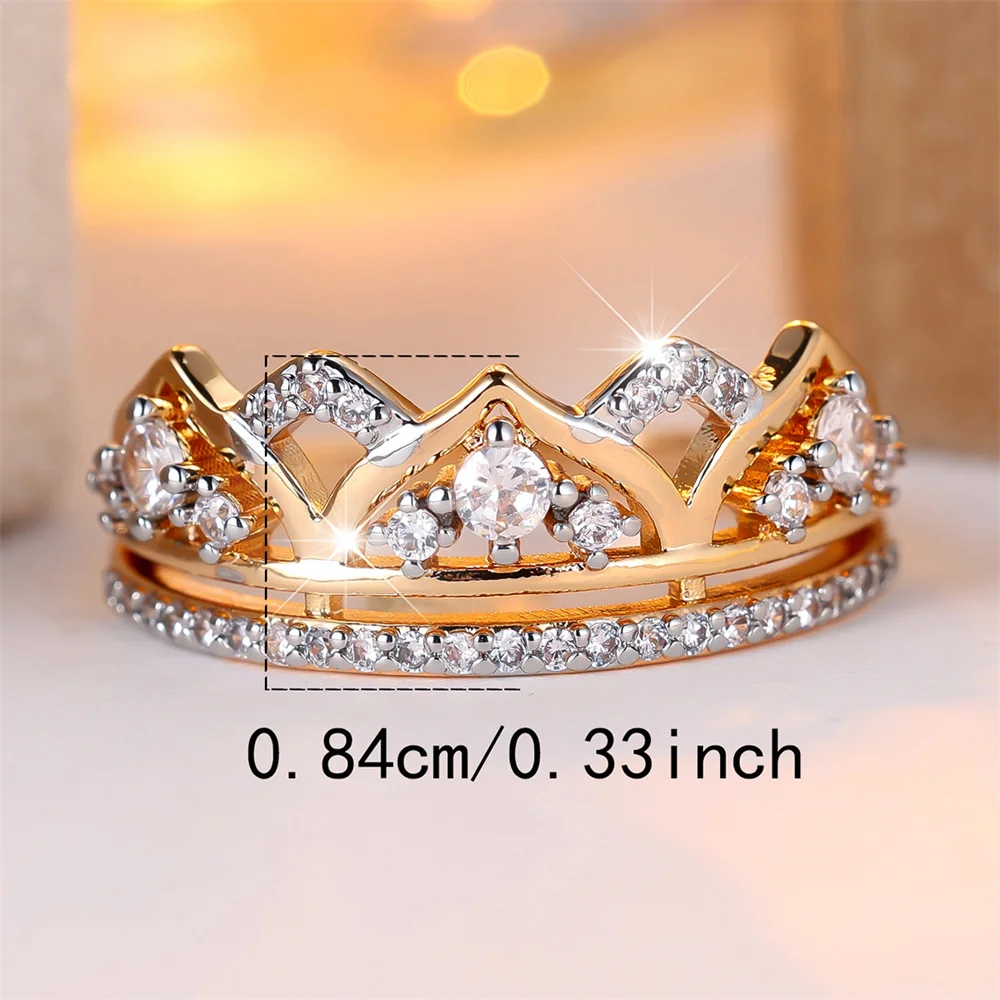 White Zircon Luxury Crystal Queen Crown Rings For Women Vintage Gold Color Engagement Ring Wedding Jewelry Bridal Birthday Gifts
