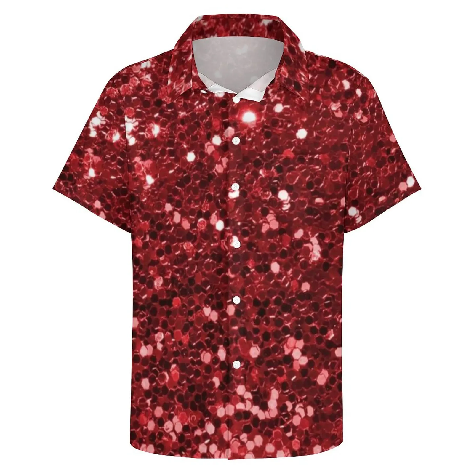 Red Sequins Casual Shirt Man Sparkly Bling Print Summer Shirt Harajuku Blouses Short Sleeve Oversized 3