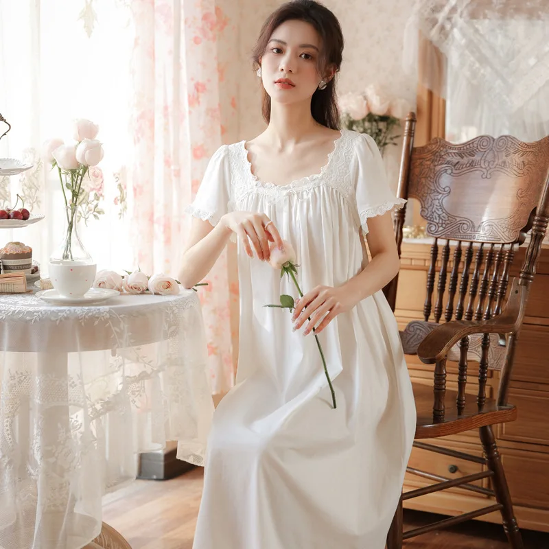 Vintage Cotton Night Dress Summer Short Sleeve Sexy Lace White Peignoir Nightgowns Princess Sleepwear Home Wear _ AliExpress Mobile