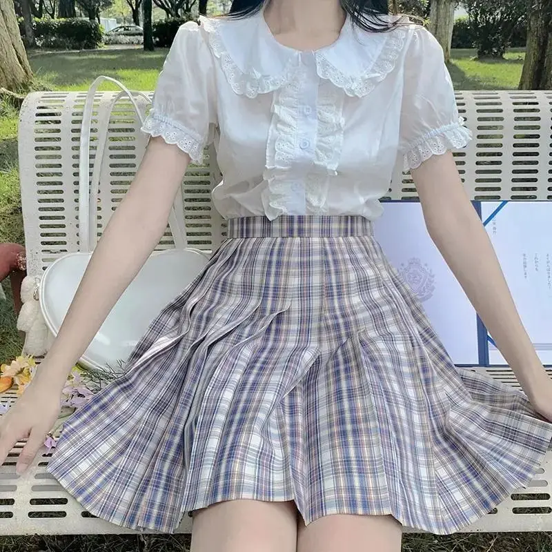 Sweet White Pleated Blouse Summer Short Sleeve Doll Collar Solid Loose All-match Shirt Tops Fashion Preppy Style Women Clothing