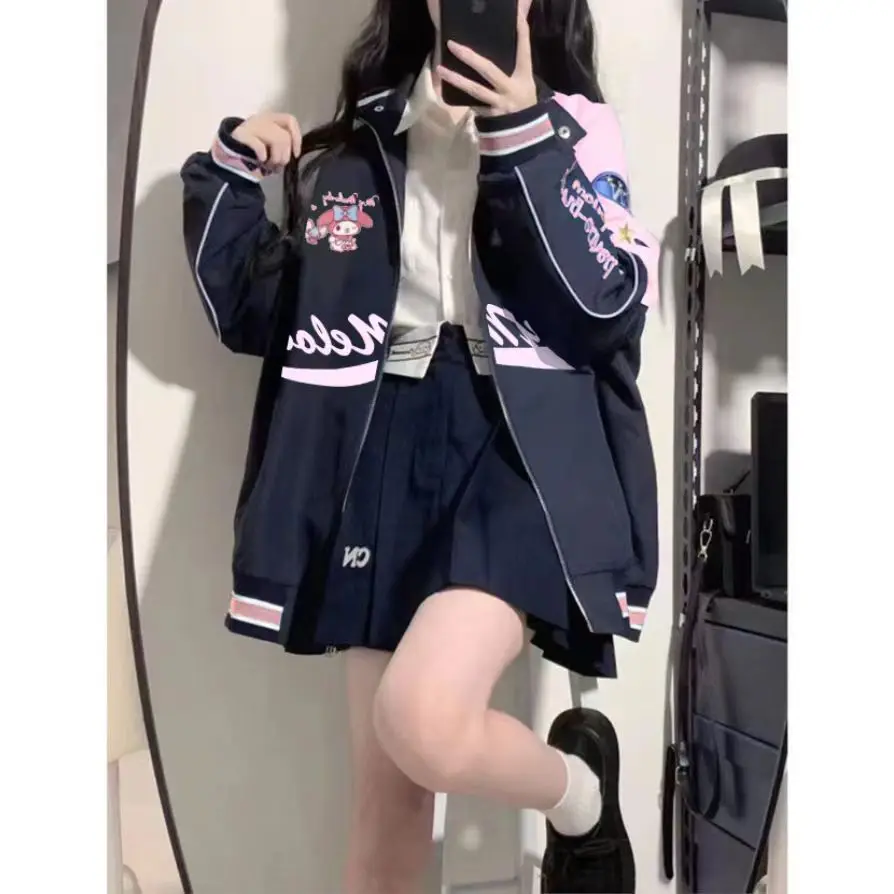 Sanrio My Melody Jacket Biker Baseball Uniform Suits Cinnamoroll Kuromi Winter Bomber Jacket Y2K Women Jacket Vintage Streetwear