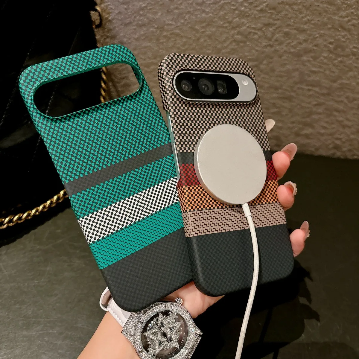 Carbon Fibre Leather Magnetic Phone Case with Magsafe Wireless Charging Protection