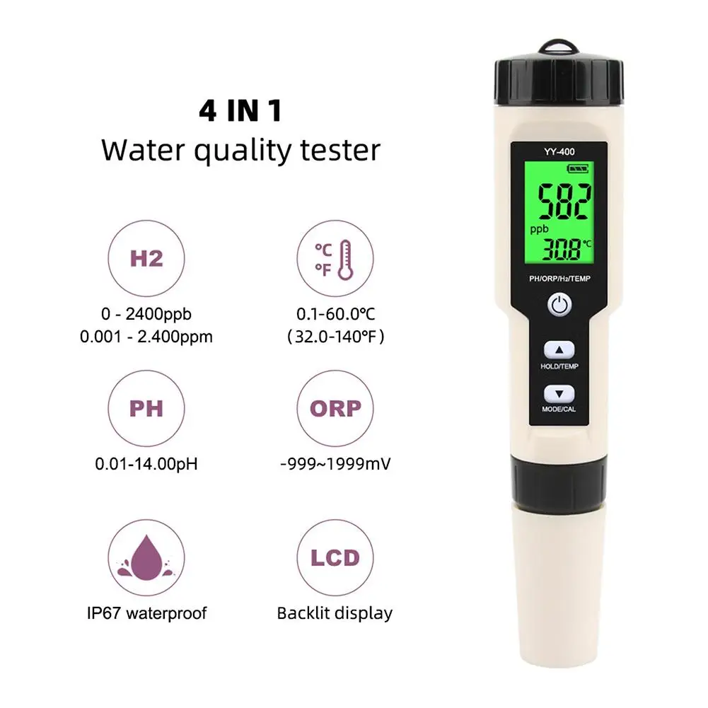 

4 In 1 H2/PH/ORP/TEMP Meter Digital Water Quality Monitor Tester for Pools, Drinking Water, Aquariums