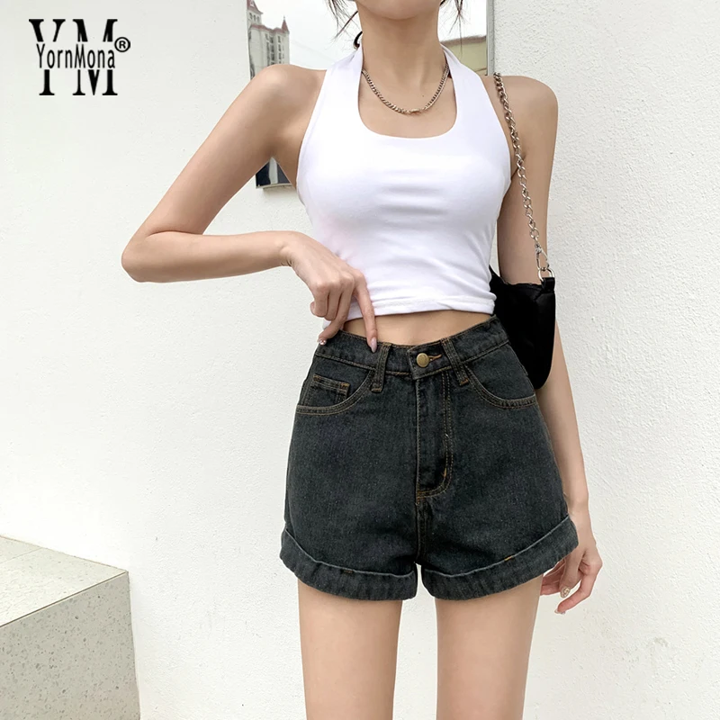 

YornMona Shorts Women 2023 Summer Casual All Match Brief Black Blue Jeans Shorts Chic Korean Fashion Lady Outwear Denim Pants