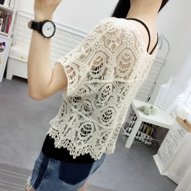 

Embroidery Lace White Shirt Woman Summer 2024 Flare Sleeve Elegant Blouse Women Blusas Casual O-neck Tops Female Clothing N877