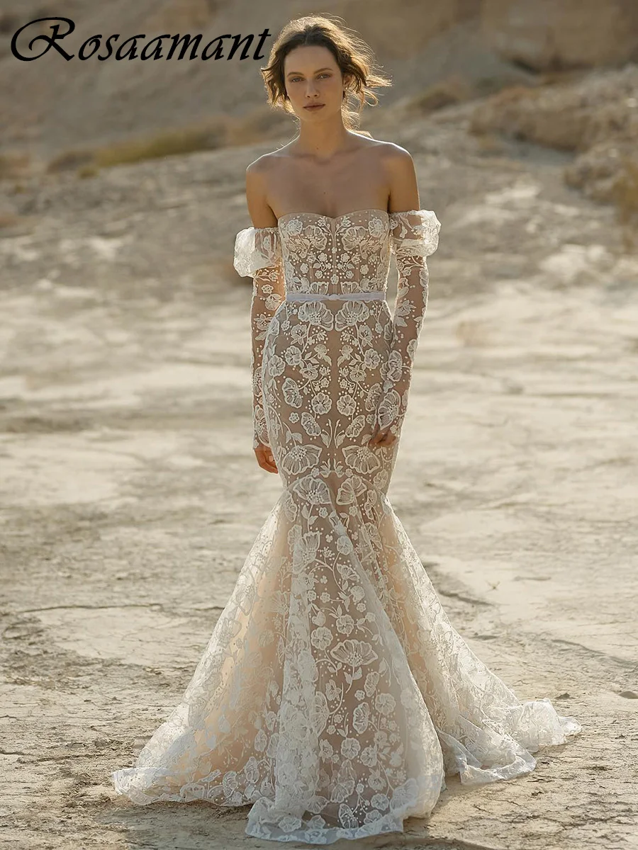 

Champagne Detachable Sleeve Mermaid Wedding Dresses Sweetheart Appliques Lace Bridal Gowns Robe De Mariée