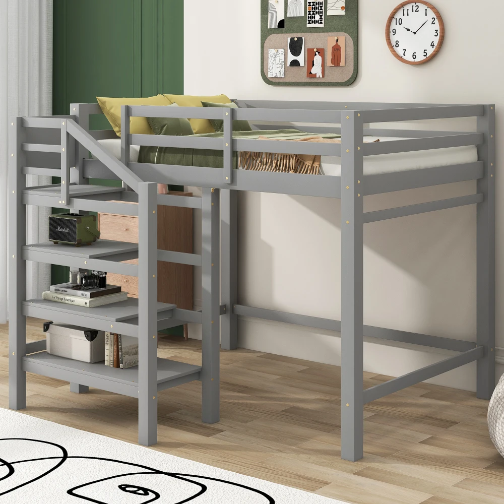 Full Size Loft Bed with Built-in Storage Staircase and Hanger Clothes,White Bed for Boys Bunk Beds for Kids Kids Bed Twin Beds 2