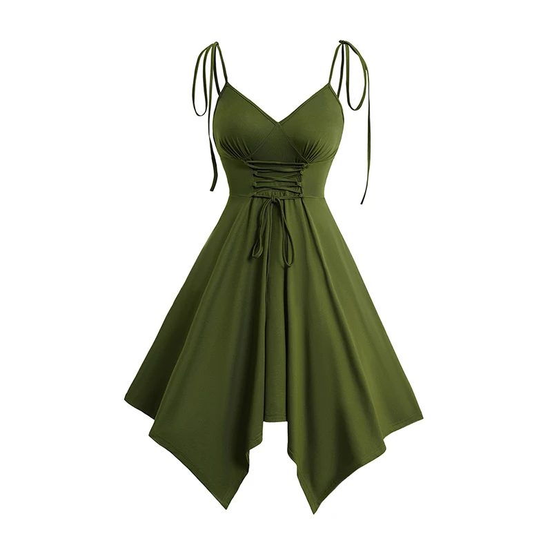 

2024 Women Summer Dresses Solid Color Sleeveless D-ring Detail Asymmetric Spaghetti Strap Dress Green Dress