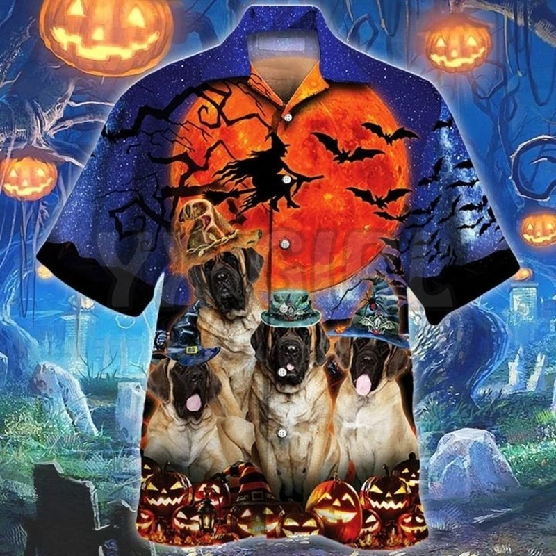 English Mastiff Halloween Night Hawaiian Shirt 3D All Over Printed Hawaiian Shirt Men's For Women's Harajuku Casual Shirt Unisex