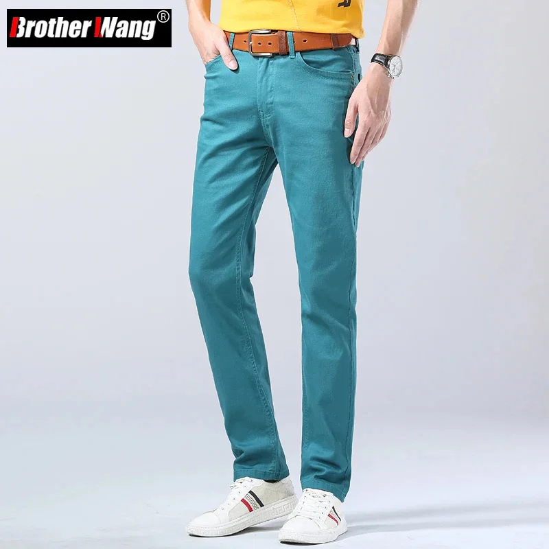 

Autumn 2024 New Men's Bright Stretch Fit Jeans Trendy Denim Straight-leg Trousers Male Red Lake Blue Yellow