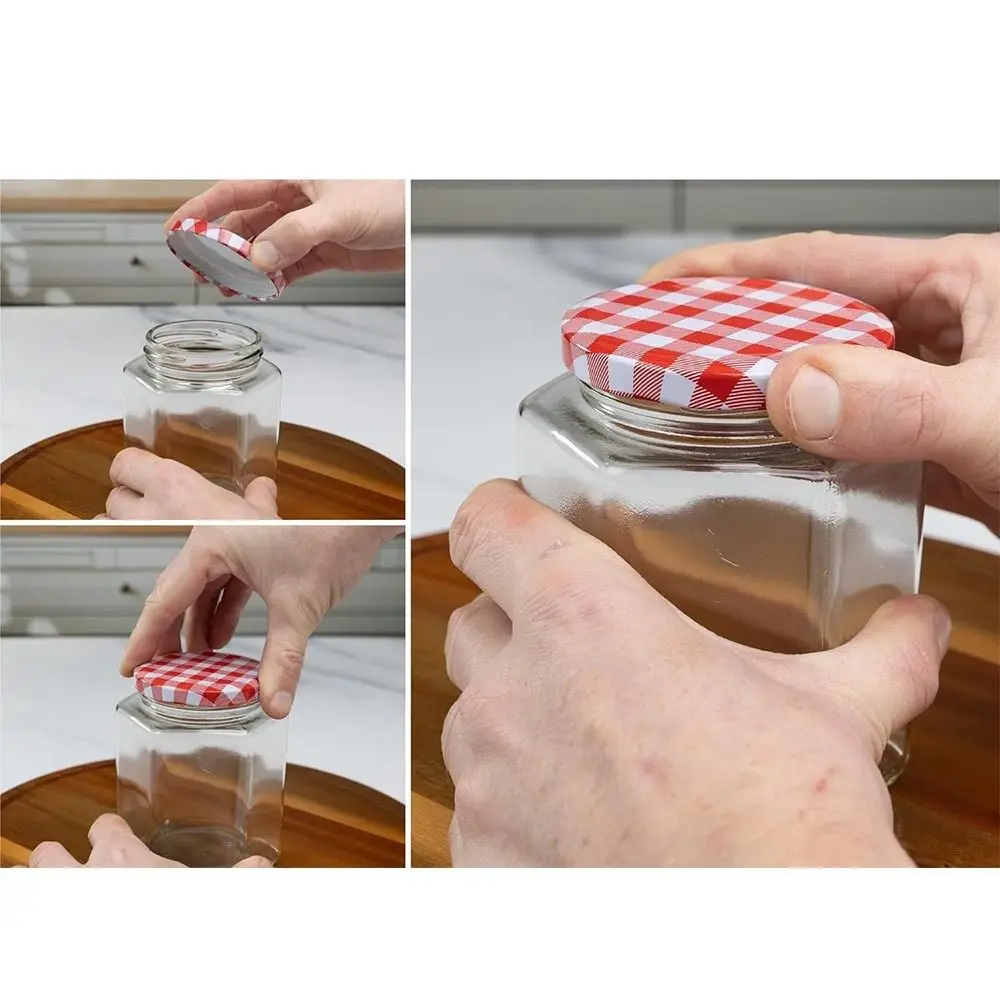 Transparent Hexagonal Glass Bottle Seal Storage Jar Small Glass Jars with Red Gingham Lids Airtight Pickle Jars Jam Jars H 4