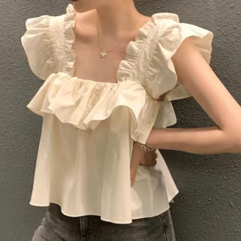 

2024 New Summer Korean Style Sweet Loose Casual Women's Shirt Elegant Fashion Irregular The Square Collar Short Sleeve Chic Tops