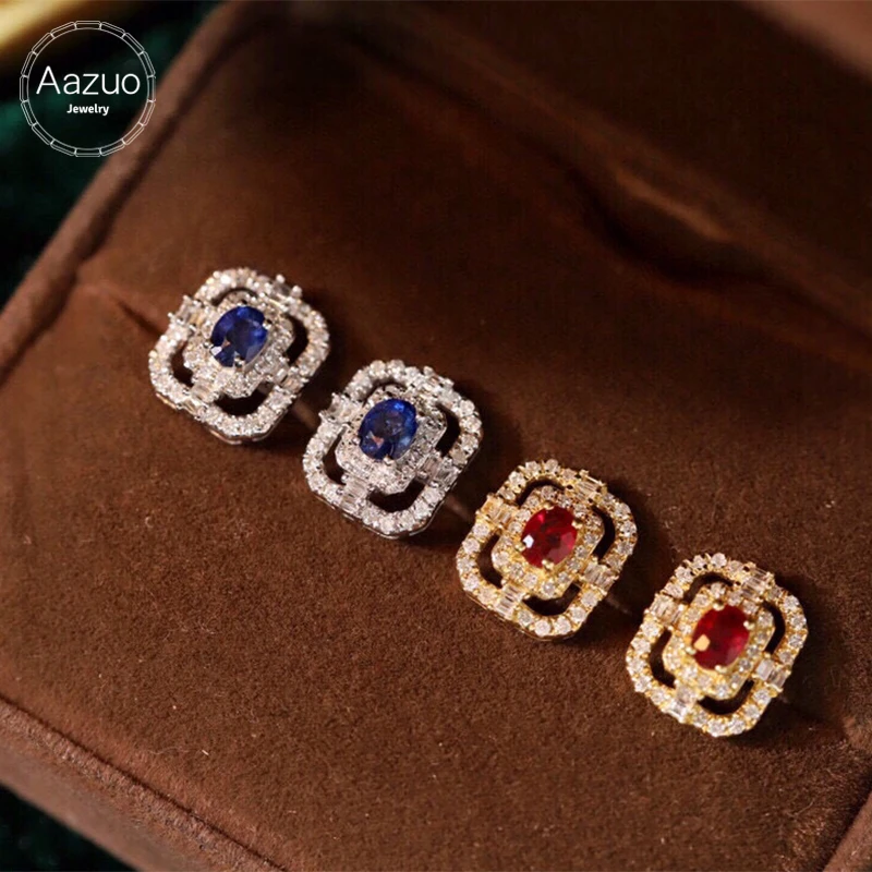 

Aazuo Real 18K White Yellow Gold Natural Ruby 0.40ct Real Diamond Square Stud Earrings Gifted For Women Engagement Wedding Party