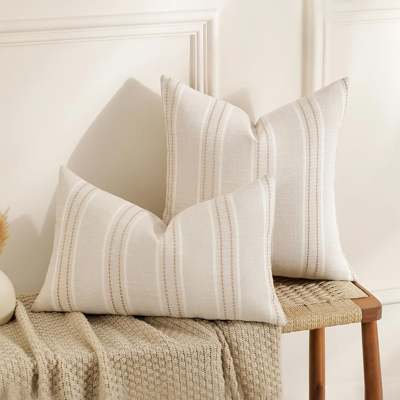 Bohemian Farmhouse Linen Throw Pillow Covers in Beige and White with Stripe Patterns – Elegant Decorative Cushion Cases for Sofa and Living Room Decor