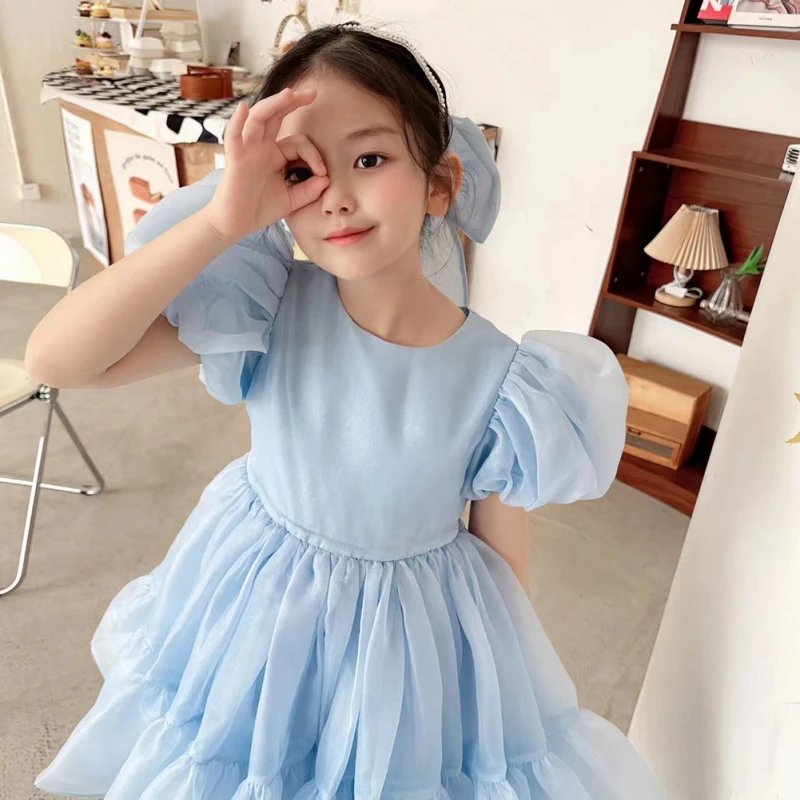 여름 어린이 퍼프 소매 공주 원피스 생일 파티 원피스, 여아용 섬세한 편안함 원피스, 푹신한 레이스 스커트