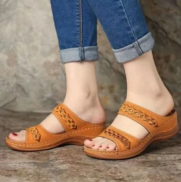 Women Casual Sandals Comfortable Soft Slippers Embroider   Flower Colorful Ethnic Flat Platform Open Toe Outdoor Beach Shoes A yellow