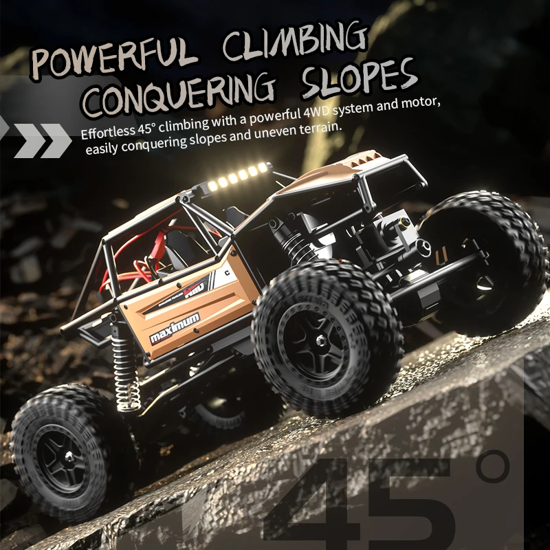 Détail des suspensions et pneus crantés de la Rock Crawler RC 4WD Antilope des Roches 12km/h