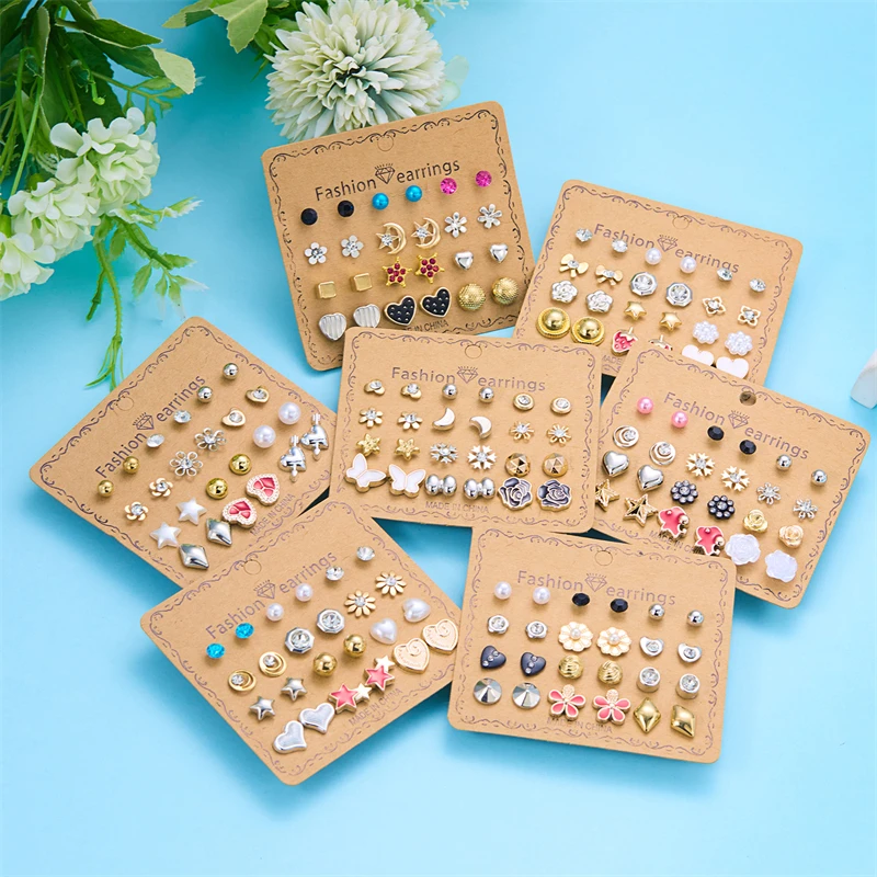 12 Pairs Combination Stud Earrings For Women Girl Shiny Zircon Moon Star Snowflake Geometric Mini Earring Party Charm Jewelry