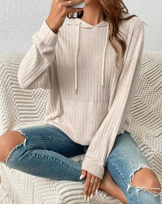 

Women's Daily Casual Pullover Hoodie 2023 New Solid Color Large Pocket Drawstring Pocket Design Female Hooded Sweatshirt Tops
